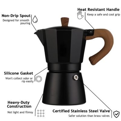 Black Moka Pot 300 ml with Wood Handle